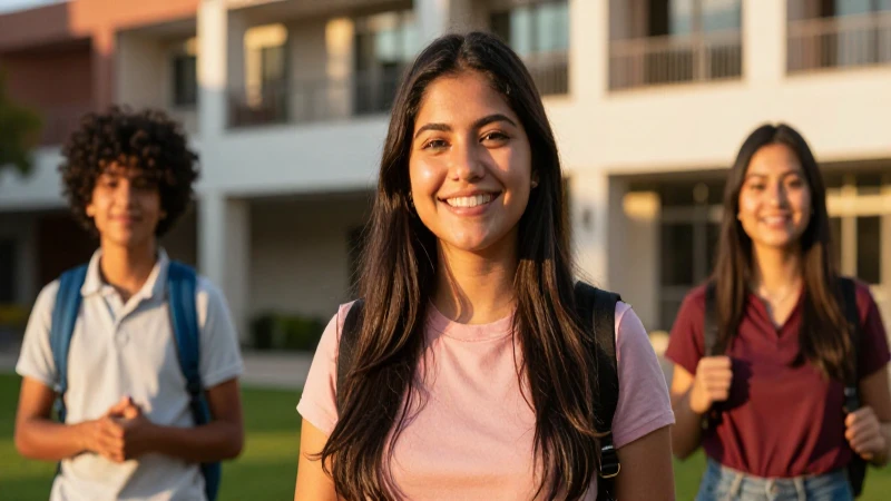 Estudiante mexicana sonriente en campus académico vibrante