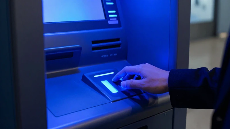 ATM moderno en azul con mano interactuando