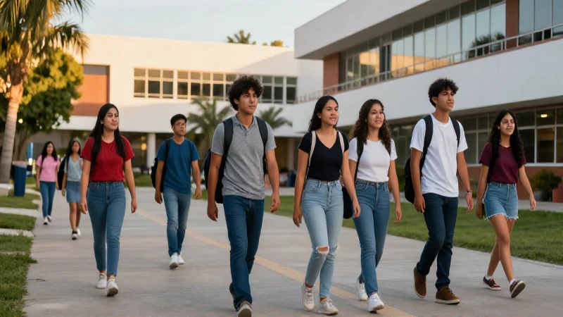Estudiante mexicano en campus moderno con luz dorada