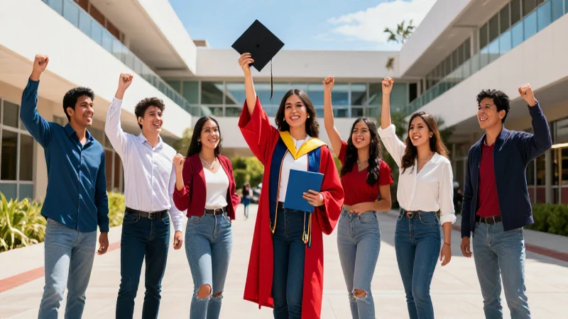 Estudiantes mexicanos celebrando logros académicos en campus