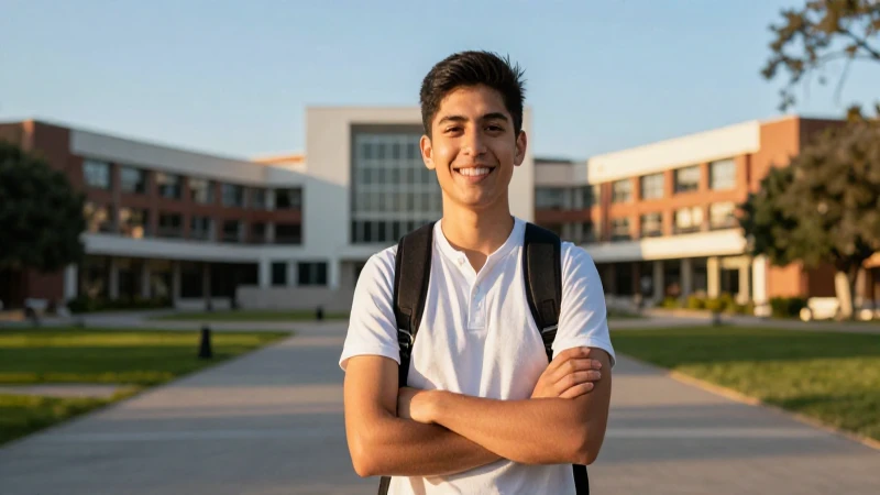 Joven mexicano sonríendo en campus moderno