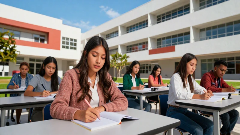 Estudiantes mexicanos en campus moderno y brillante