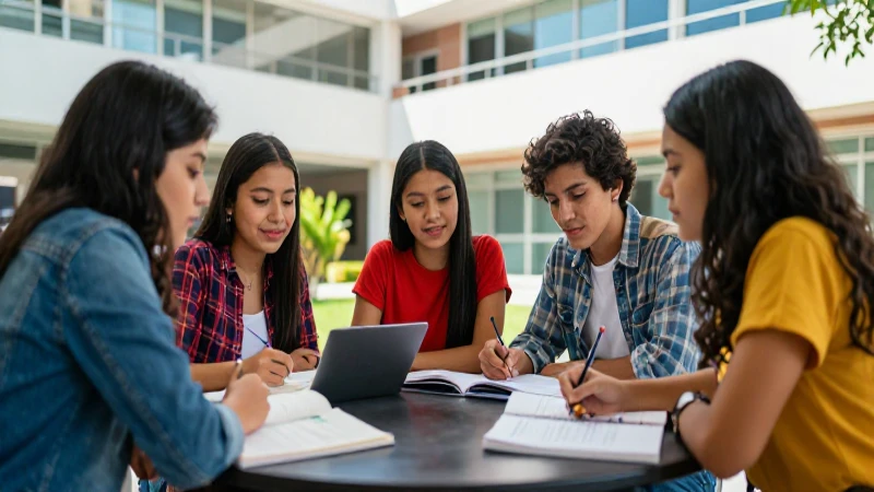 Estudiantes mexicanos brillantes en campus moderno