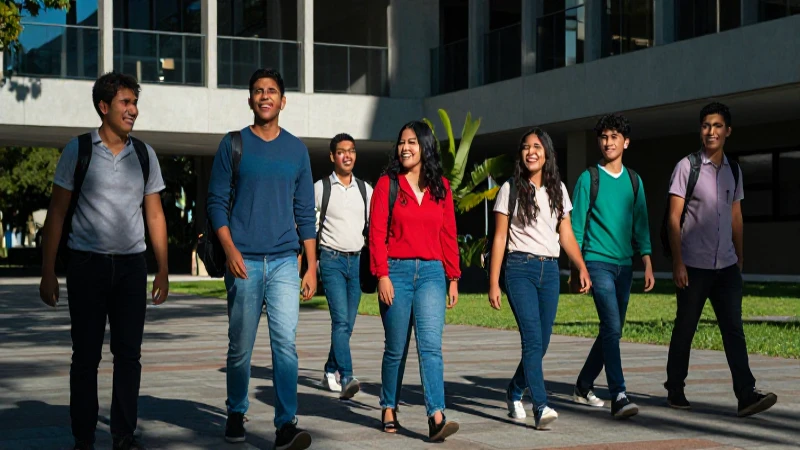 Estudiantes mexicanos diversos caminan feliz por la universidad