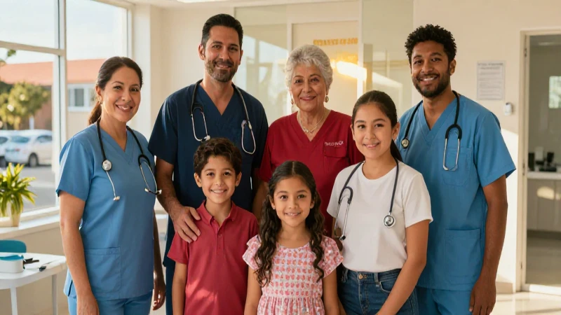 Familia mexicana en clínica moderna bajo luz dorada