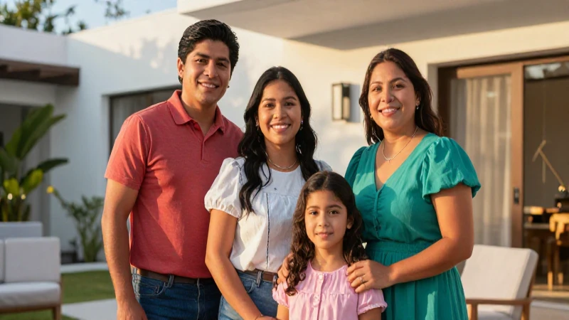 Familia mexicana sonriente en casa moderna, luz dorada