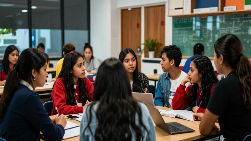 Estudiantes mexicanos colaboran vibrantes en campus moderno