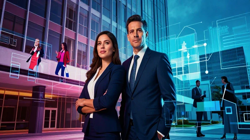 Pareja profesional, arquitectura moderna y datos vibrantes