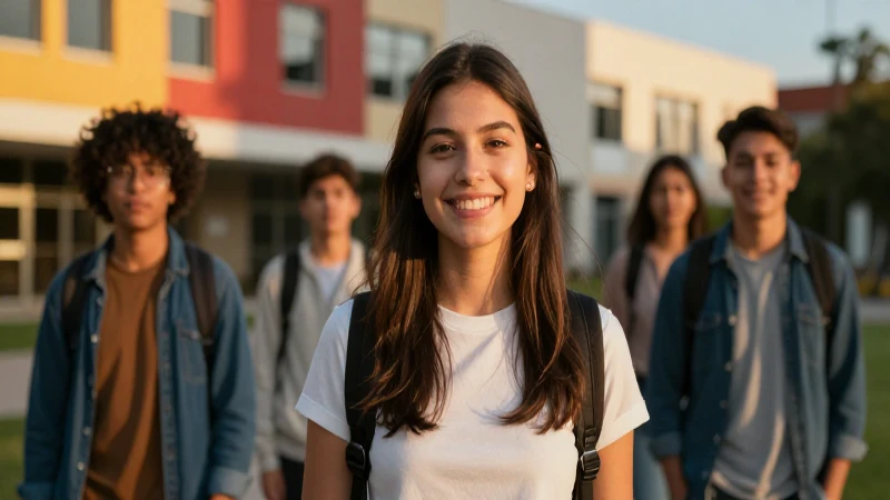Joven mexicano sonríe en vibrante campus dorado
