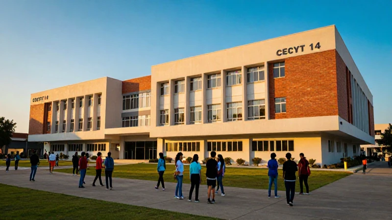 Campus CECyT 14 moderno bajo luz dorada