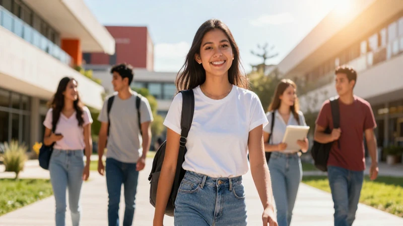 Estudiante sonriente camina por campus vibrante y moderno
