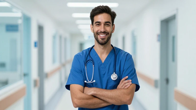 Médico sonriente en hospital moderno y luminoso