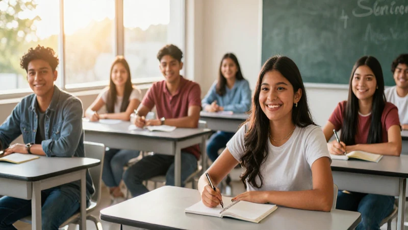 Estudiantes mexicanos alegres en aula moderna con luz dorada