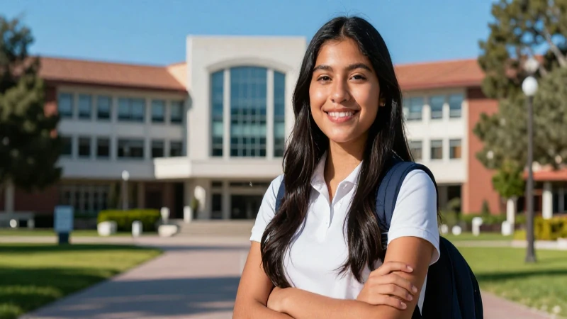 Estudiante mexicano exitoso sonríe en campus moderno