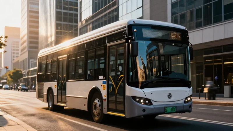 Bus moderno en ciudad al atardecer