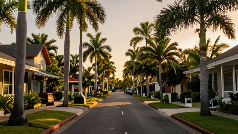Calle tropical vibrante con luz dorada al atardecer