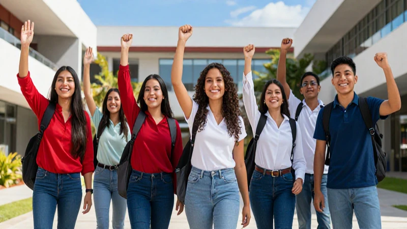 Estudiantes mexicanos celebrando éxito en campus moderno