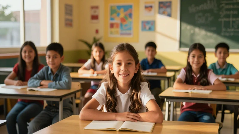 Niños mexicanos sonriendo en clase iluminada