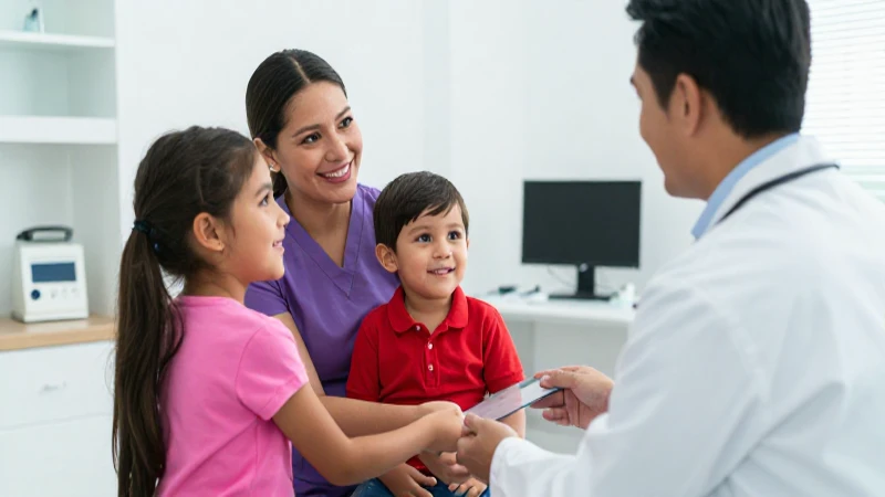 Familia mexicana sonriente en clínica moderna