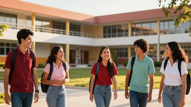 Estudiantes mexicanos riendo en campus moderno