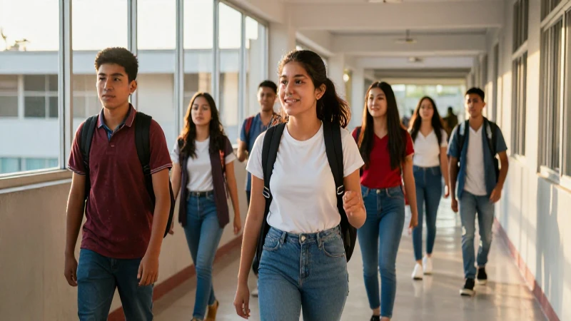 Jóvenes mexicanos en pasillo, luz dorada