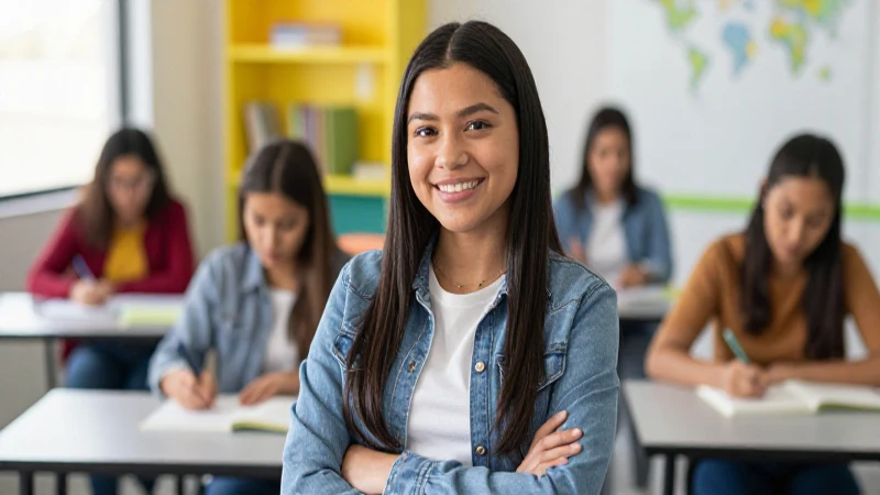 Estudiante mexicana orgullosa en aula moderna