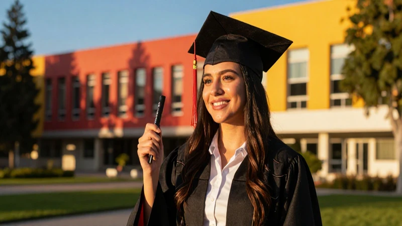 Estudiante mexicana graduada en campus universitario moderno