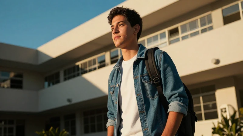 Joven estudiante mexicano vibrante en campus dorado
