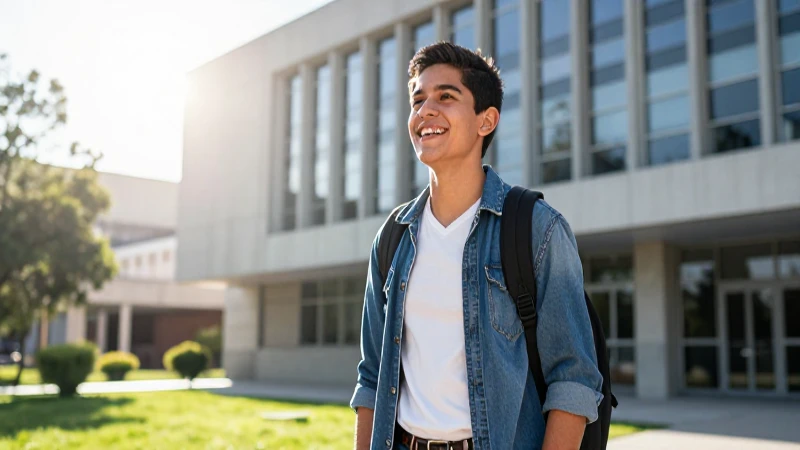 Joven mexicano sonríe en moderno campus universitario