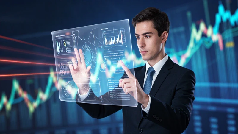 Joven profesional con interfaz de datos financieros