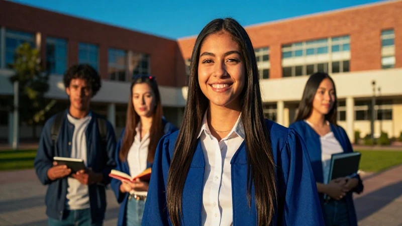 Estudiante mexicano sonríe en universidad vibrante