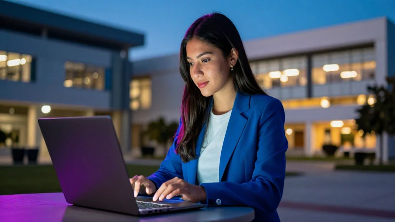 Estudiante mexicano exitoso en campus moderno