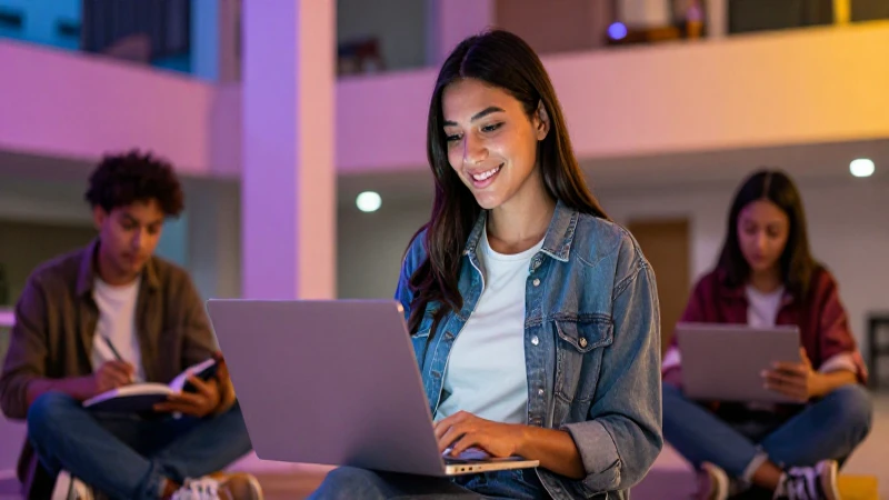 Estudiante mexicana sonriente con laptop en campus