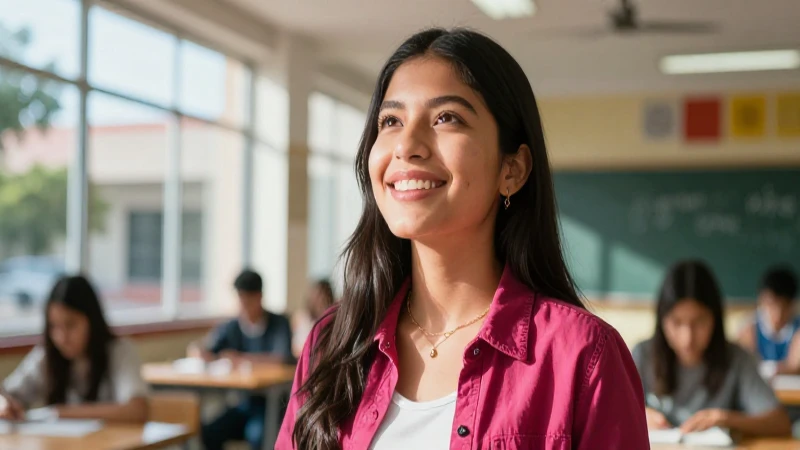Estudiante mexicano sonriente en entorno educativo moderno