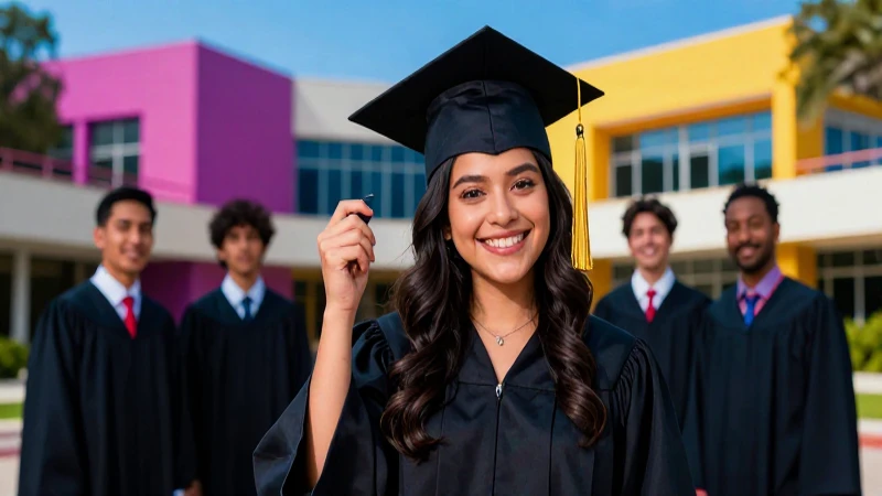 Estudiante mexicano sonriente en graduación vibrante