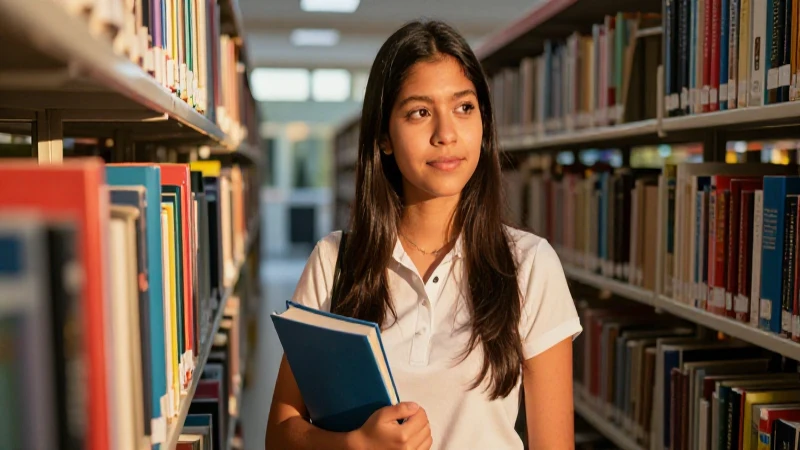 Joven estudiante mexicana en biblioteca al atardecer
