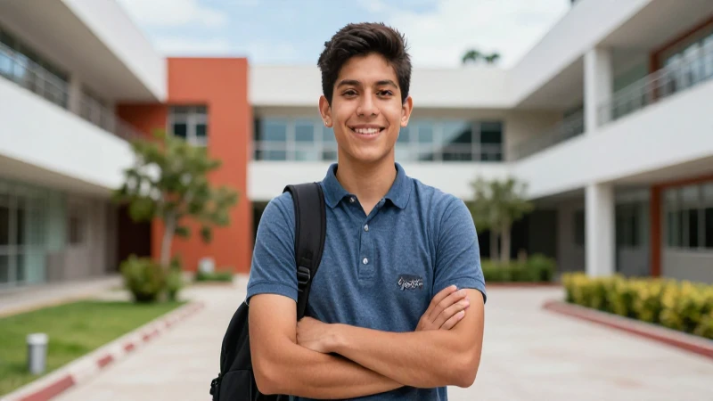 Estudiante mexicano ambicioso en campus moderno