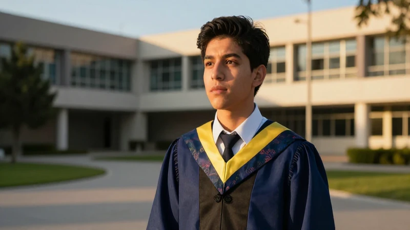 Joven mexicano brillante en campus al atardecer