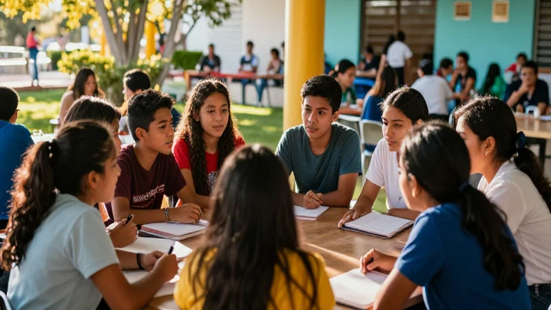 Estudiantes mexicanos aprendiendo bajo luz dorada