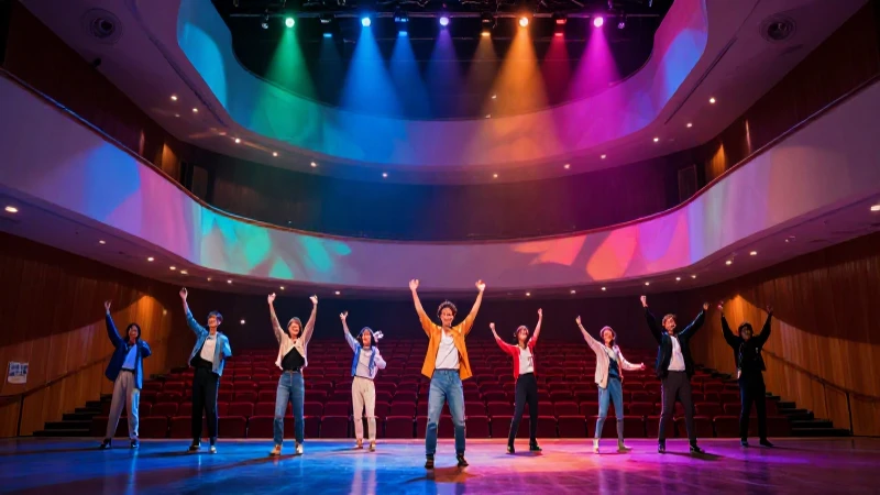 Gran auditorio vibrante con personas en luces dramáticas