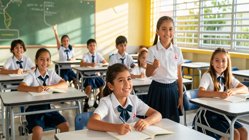 Estudiantes mexicanos uniformados aprendiendo felices en clase