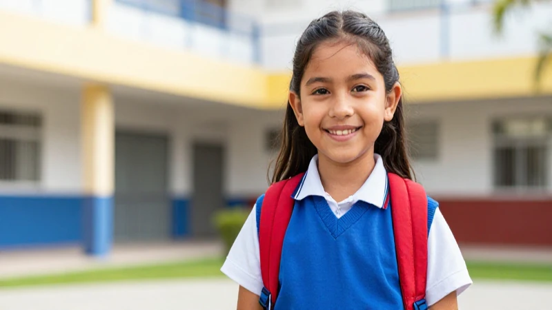 Alumna mexicana sonriente en campus moderno y vibrante