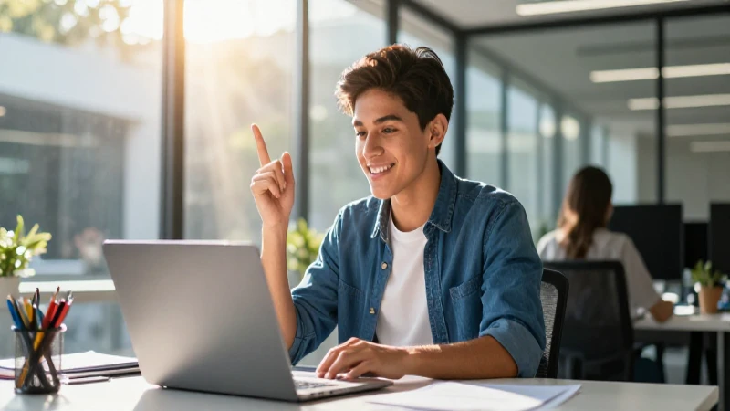 Estudiante joven en oficina moderna e iluminada