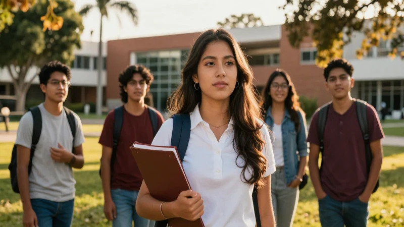 Estudiante mexicano vibrante en campus al atardecer