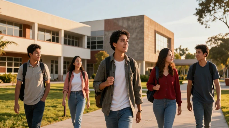Estudiantes mexicanos en campus moderno al atardecer