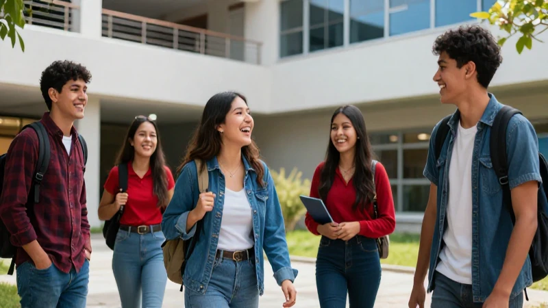 Estudiantes mexicanos riendo en campus moderno