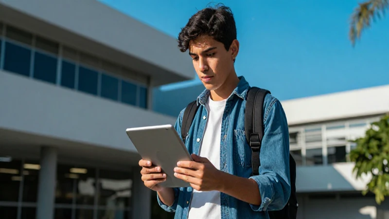 Estudiante mexicano en campus con tablet