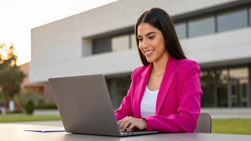 Joven mexicana sonriente estudiando en campus dorado