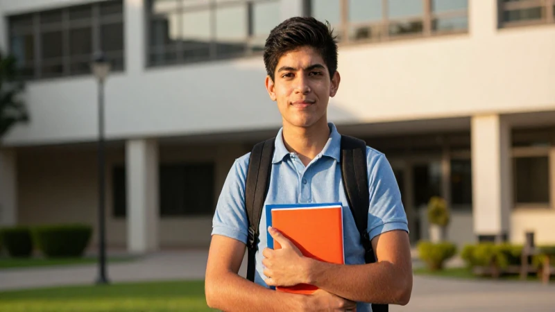 Retrato de estudiante mexicano en campus moderno