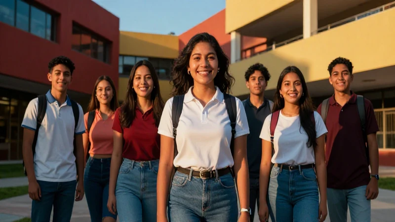 Estudiantes mexicanos sonriendo en campus moderno